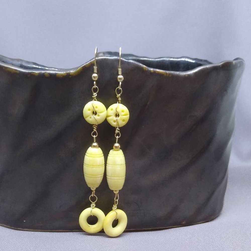 Genuine Carved Bone Earrings, Handmade  - Wire wrapped, 14k Gold Filled - 3 ½"
